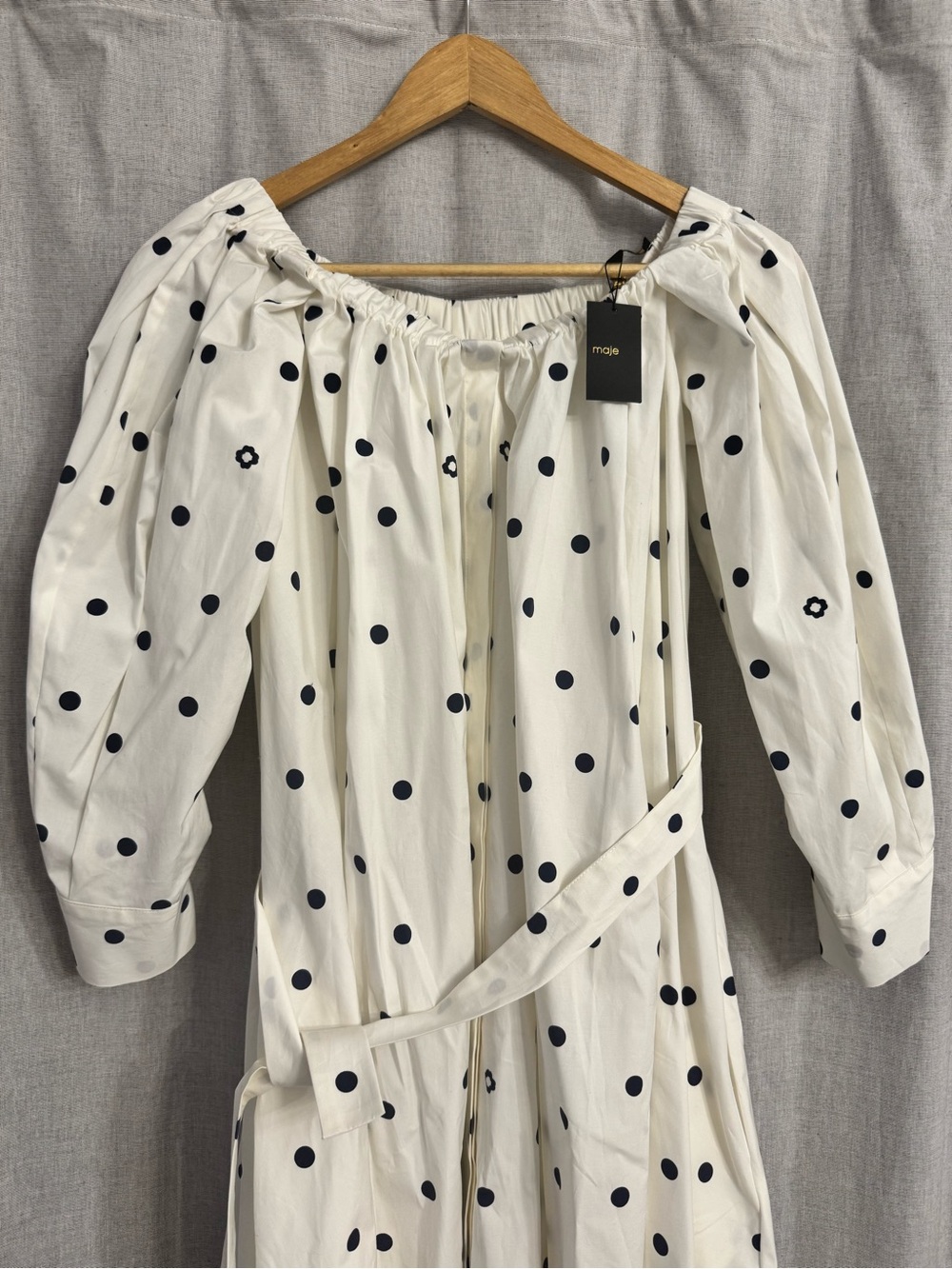 Maje White Off-Shoulder Polka Dot Tie-Waist Dress - Picture 5 of 7